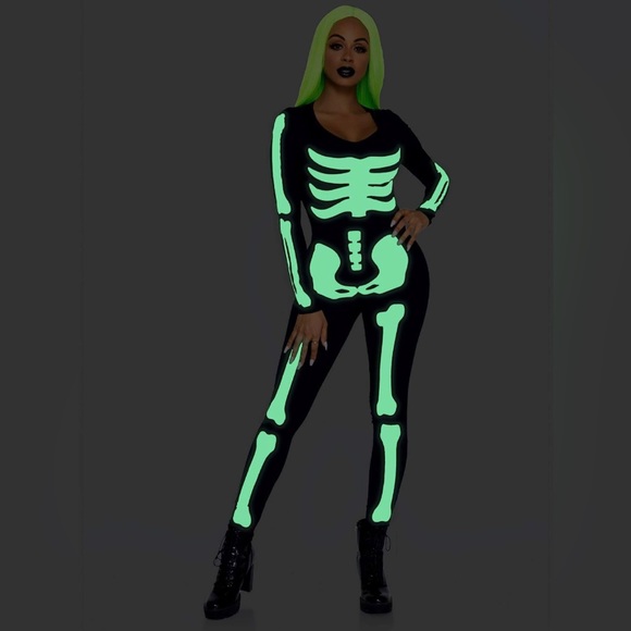 Leg Avenue Women's Glow in The Dark Skeleton Bodysuit Sexy Halloween Costume NEW - Picture 3 of 14
